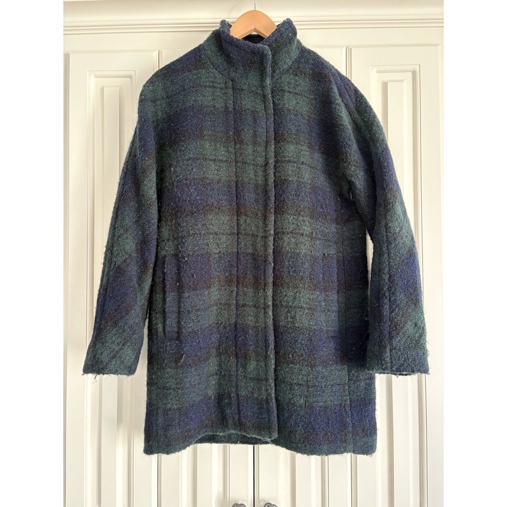 J. Crew Boucle Coat Green Blue Tartan Plaid Wool Blend Full Zip Preppy Size 6